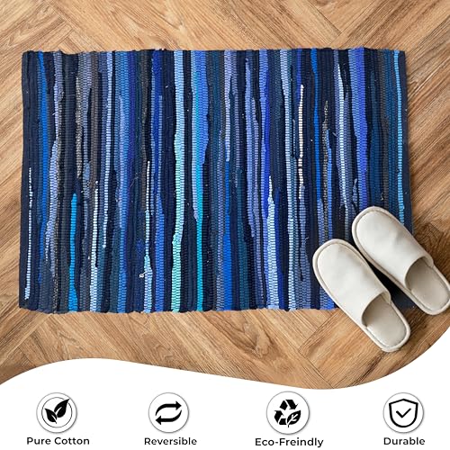 Chindi Kitchen Rug 2x3 Feet - Navy | Cotton Hand Woven Throw Rugs for Bathroom, Easy Clean Accent Camping Carpet - color: Navy, size: 2 x 3 feet