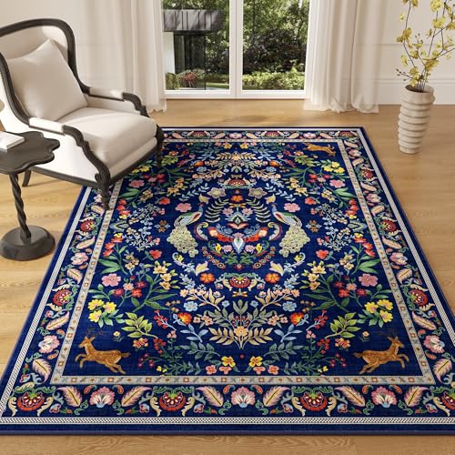 Rugcomf Area Rug 4x6 Rug Washable Rugs Floral Non Slip Low Pile Small Carpet for Bedroom, Bedside, Kids Room, Office, Dining Room(Blue) - color: Blue, size: 4' x 6' (Rectangular)