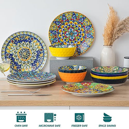 vancasso Ceramic Dinner Plates Set of 6, 10.5 Inch, Microwave Safe | Salad Plates Set, Colorful Bohemian Style Dishes for Kitchen - size: 10.5in