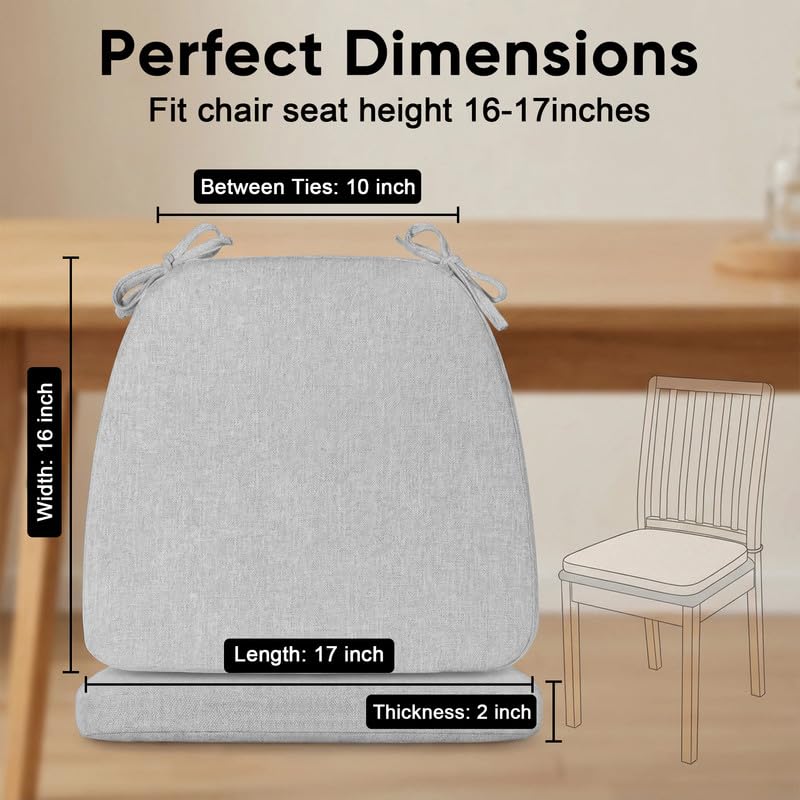 D-Shaped Chair Cushions Set of 1, Chair Pads with Ties, 17" x 16" | 2" Thick Non Slip Seat Cushion for Dining & Kitchen Chairs, 40D Foam, Removable Washable Cover, Light Grey - color: Light Grey