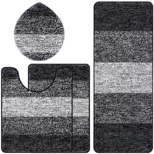 Bsmathom Bathroom Rug Set 4 Piece, Plush Microfiber Bath Mat, Black | Extra Water Absorbent, Non Slip Washable Runner Bath Rugs with Toilet Lid Cover and U-shaped Contour Toilet Mat - color: Black, size: 20"x31"+20"x59"+U20"x24"+Cover19"x21"