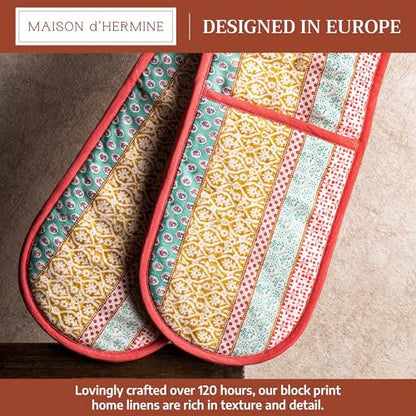 Maison d' Hermine Double Oven Mitts 100% Cotton Double Oven Glove (7"x35") | Heat Resistant BBQ Cooking Gloves with Loop Baking Grilling Kitchen Hotel Home Farmhouse Spring Summer - Provence - color: 002 - Provence, size: 7" x 35" (Double Oven Mitt)