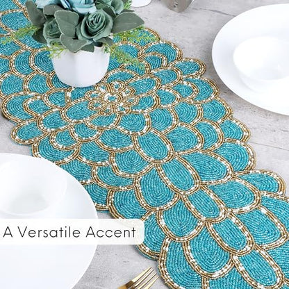 Beaded Table Runner, Blue & Gold, 13x36 | Handmade floral pattern, 85% glass beads, polyester backing, non-slip, dining/console/coffee table, weddings, holidays - color: Teal Gold, size: 36"x13"