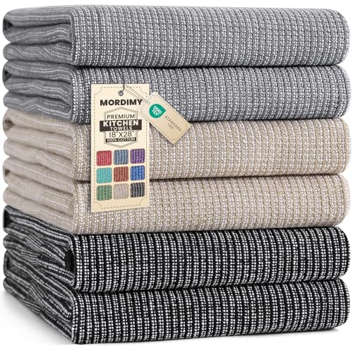Mordimy Cotton Kitchen Towels (18"x 28", 6 Pack), Grey/Khaki/Black | 100% Ring Spun Cotton, Super Absorbent, 380 GSM, Flat & Terry, Soft, Hanging Loop Dish Towels - color: Grey/Khaki/Black, size: 18"x28" - 6 Pack