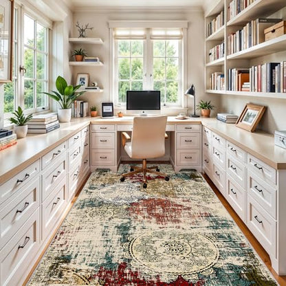 Modern Abstract 4x8 Runner Rug: Washable Low Pile Soft Area Rugs Entryway | Non-Slip Stain Resistant Mandala Stamped Ease of Vacuuming Floor Mat Bedroom Kitchen Coverage Farmhouse Apartment Red Green - color: Red/Green/Multi, size: 4' x 8' (Rectangular)