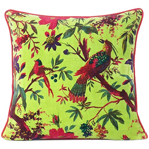 Velvet Floral Flower Bird Throw Pillow Sofa Cushion Cover Case Couch Colorful Boho Chic Bohemian Accent Indian Handmade (Light Green, 16" x 16") - color: Light Green, size: 16" x 16" (Pack of 1)