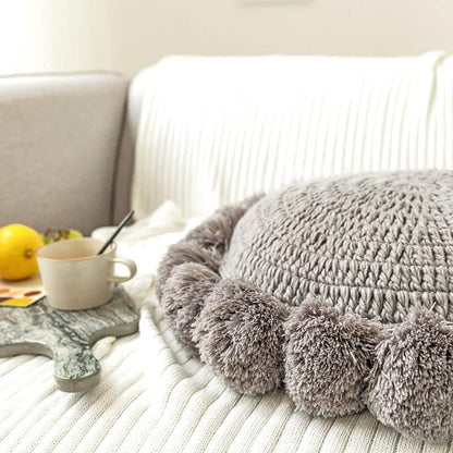 Knitted Throw Pillow Round Couch Pillow Sofa Cute Cushion Handmade Pompoms Decorative Plush Pillow (Grey, Diameter 18inches) - color: Grey