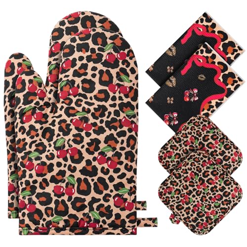 6-Piece Cheetah Cherry Oven Mitts and Pot Holders Set for Cooking | Gloves with Kitchen Towels, Heavy Duty Heat Proof Kitchen Essentials for Cooking, Baking, Grilling