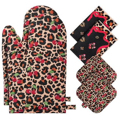 6-Piece Cheetah Cherry Oven Mitts and Pot Holders Set for Cooking | Gloves with Kitchen Towels, Heavy Duty Heat Proof Kitchen Essentials for Cooking, Baking, Grilling