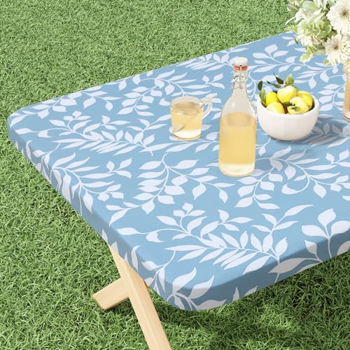 Rectangle Vinyl Tablecloth, Fitted Table Cover, 100% Waterproof, Elastic Edge, Flannel Backing, Plastic Table Cloth Fit 4 Foot Folding Tables for Picnic, Camping (Blue Leaves, 30x48 inch) - color: Baby Blue, size: 48" x 30" (Rectangular)