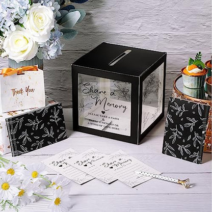 Pajean Funeral Memory Box with 50 Cards Clear Windows,Clear,Black | Keepsake Cards for Celebration Wedding Graduation, Greenery Design, Guest Book Alternative, Memory Collection Display - color: Black