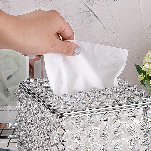 Sumnacon Crystal Square Tissue Box Cover - Decorative Tissue Box Holder, Sparkling Cube Tissue Holder for Bathroom Dresser Night Stand Table Car Store Office Home Decor, Silver