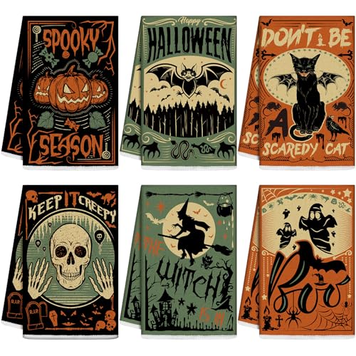 Ganeen 6 Pcs Halloween Kitchen Hand Towels Trick or Treat Towels Spooky Cat Bat Dish Holiday Tea Set Bathroom Decorative 14.2 x 21.3 Inch for Hand Bathroom Guest Holiday, Novel - color: Novel