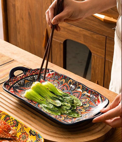 Serving Tray with Handles Rectangular Serving Platter Ceramic Extra Large Plates & Dishes Rectangle (Blue Garden) - color: Blue Garden