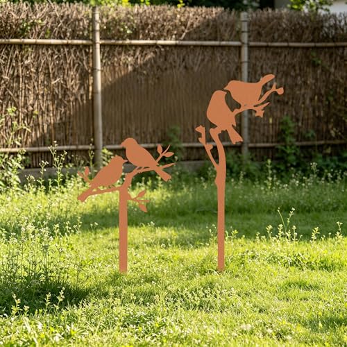 Metal Birds Garden Stake Set 2, 14.6 Inches | Rustproof Metal With Faux Rust, For Lawn, Flower Beds, Planters, Indoor Pots, Bird Silhouette Design