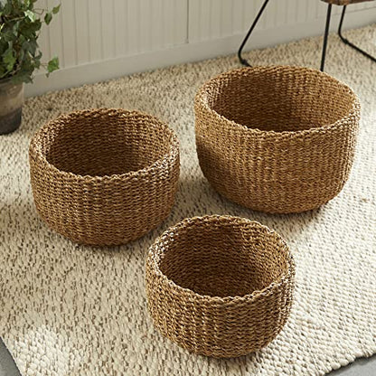 Set of 3 Woven Sea Grass Storage Baskets Cylinder 18 15 12 in Natural Spa Towel