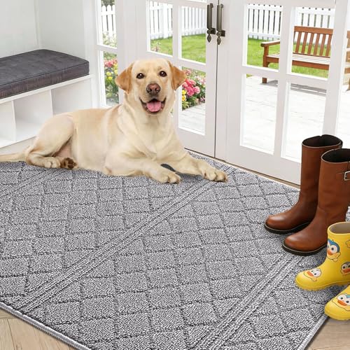 REFETONE Dirt Trapper Door Mat 32" x 40", Non-Slip Washable Doormats, Grey | Entrance Mat Dirt Resistant and Absorbent Welcome Mat, TPR backing Low Profile Floor Mats for Front Back Door and Entryway - color: Grey, size: 2'8" x 3'4" (Rectangular)