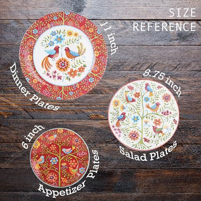 Bico Red Spring Bird Salad Plates Set of 4, 8.75 Inch Ceramic Dessert Plates for Salad, Appetizer, Side Dishes, Microwave and Dishwasher Safe, Gift for Housewarming and Thanksgiving - color: Red Spring Bird