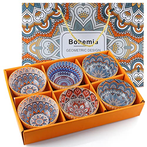 Ceramic Rice Bowls 10 oz, Bohemian Style Bowl Gift Set, Assorted Dinnerware Serving Bowls for Cereal, Soup, Dessert, Snack, Fruit, Salsa, Pack of 6 (Geometric Pattern) - color: Bohemian, size: 6 Pack