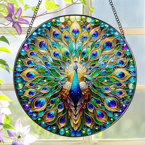 Stained Glass Window Hanging, LAOWEIKI 8'' Peacock Suncatcher, Stained Glass Ornament, Suncatchers for Windows Hanging, Window Decor, Outdoor or Indoor, Gifts for Women, Lovers, Couple, Friend, Bestie - color: Peacock