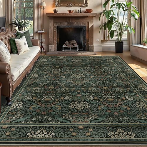 6x9 Washable Area Rug Floor Area Rug Non-Slip Bedroom Rug Dark Green | Soft Low-Pile Area Rug,Vintage Distressed Botanical Birds Carpet,Foldable Stain Resistant Area Rug for Dining Room Office - color: Dark Green, size: 6' x 9' (Rectangular)