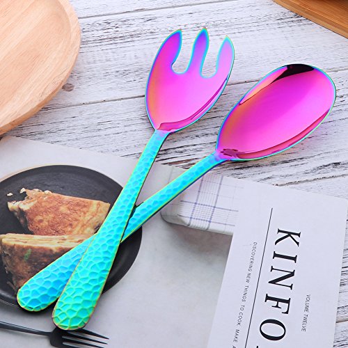 Salad Spoon and Fork Set, 12 Inch Stainless Steel Rainbow Salad Server, Large Serving Utensils, Pack of 2 - color: Rainbow