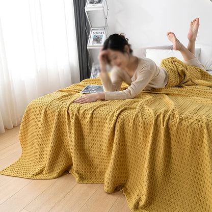 Waffle Plaid Cotton Bed Blanket Throw Thin Quilt Knitted Bedspread Home Hotel Coverlets Blankets - color: D, size: 100x150cm