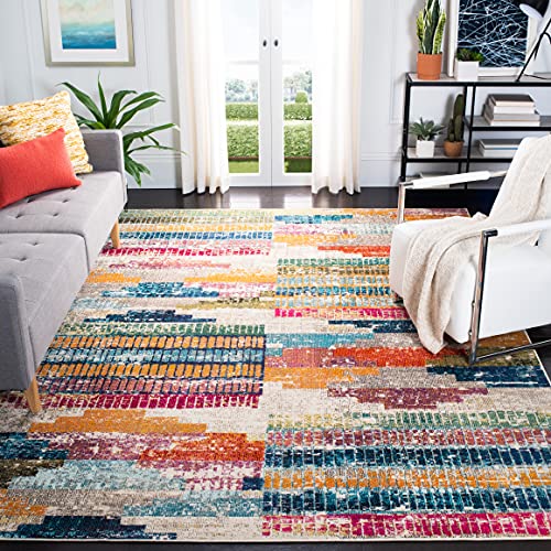 SAFAVIEH Madison Collection Area Rug - 6'7" Square, Ivory & Multi, Boho Abstract Distressed Design, Non-Shedding & Easy Care, Ideal for High Traffic Areas in Living Room, Bedroom (MAD417C) - size: 6'7" x 6'7" (Square)