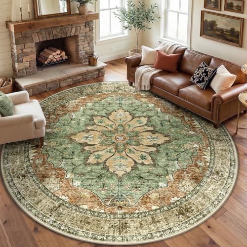 RELEANY Washable Area Rug, Round 8ft, Brick/Brown/Green | Non-Slip, Water Repellent, Pet Friendly, Easy to Clean, Vintage Floral Boho Decor for Living Room Bedroom Dining Room - color: Brick/Brown/Green, size: 8' (Round)