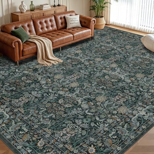 Vintage Botanical Area Rug 9x12: Floral Carpet Non-Slip - Dark Green | Classic Dark Tone Pattern Fits Large Open Layout Rooms - Washable, Stain Resistant, Low Pile for Living Room Pet Friendly - color: Dark Green, size: 9' x 12' (Rectangular)