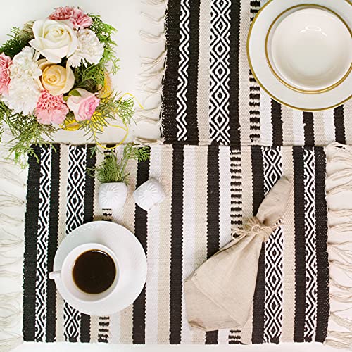 Black, Cream, White Boho Placemats (Set of 4) | Cotton Farmhouse Placemats 13x19 Inches| Machine Washable, Durable and Easy to Combine - color: Ivory-black, size: 13x19 Inch.