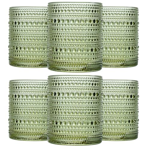JOVGANK Green Vintage Hobnail Drinking Glasses Set of 6, Embossed Water Tumbler 12oz, Kitchen & Bar Beaded Glass Cups, Beverage Glass Cups for Water, Beer, Juice, Housewarming and Mother's Day Gift - color: Green, size: 12 oz