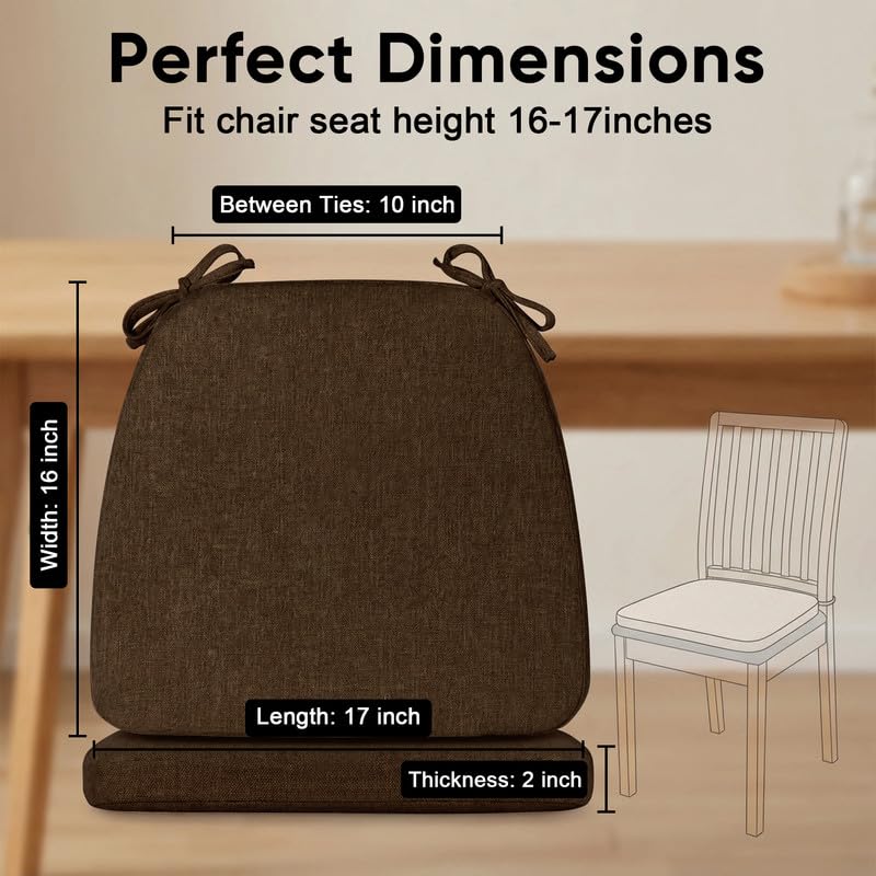 D-Shaped Chair Cushions Set of 1, Chair Pads with Ties, 17" x 16" | 2" Thick Non Slip Seat Cushion for Dining & Kitchen Chairs, 40D Foam, Removable Washable Cover, Brown - color: Brown