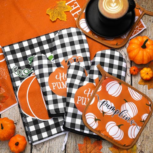 Leinuosen 6 Pack Fall Thanksgiving Kitchen Set with 2 Hello Pumpkin Dish Towels, 2 Pot Holders and 2 Buffalo Plaid Oven Mitts for Gifting, Baking and Cooking - color: Rich Color, style: Pumpkin