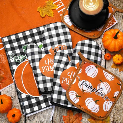 Leinuosen 6 Pack Fall Thanksgiving Kitchen Set with 2 Hello Pumpkin Dish Towels, 2 Pot Holders and 2 Buffalo Plaid Oven Mitts for Gifting, Baking and Cooking - color: Rich Color, style: Pumpkin