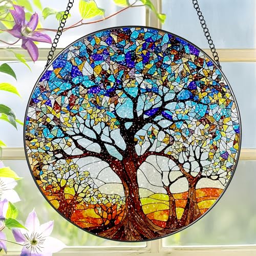Stained Glass Window Hanging, LAOWEIKI 8'' Tree of Life Suncatcher, Stained Glass Ornament, Suncatchers for Windows Hanging, Window Decor, Outdoor or Indoor, Gifts for Women, Lovers, Couple, Friends - color: Tree of Life