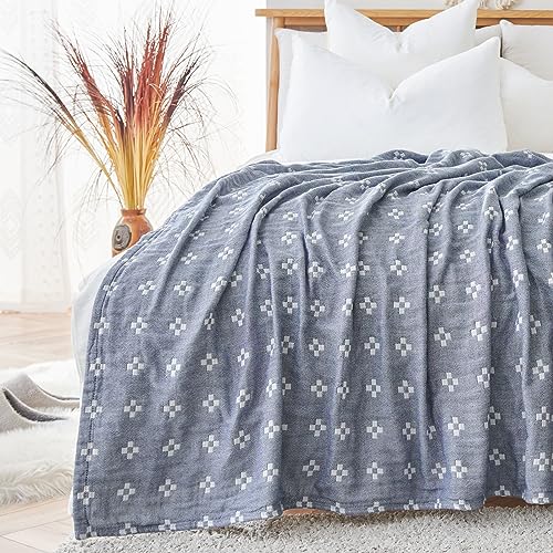 jinchan 100% Cotton Muslin Blanket Twin Boho Throw Blanket 50x60 Denim Blue | 3-Layer, Geometric Cross Quilt, Cooling Breathable Lightweight, for Adult, Soft, Reversible, Summer, Couch, Sofa, Bedroom - color: B. Cross Blue, size: 50"x60"