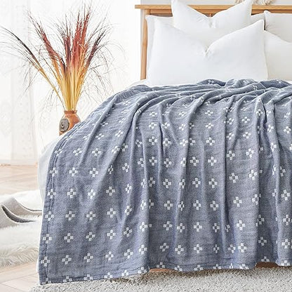jinchan 100% Cotton Muslin Blanket Twin Boho Throw Blanket 50x60 Denim Blue | 3-Layer, Geometric Cross Quilt, Cooling Breathable Lightweight, for Adult, Soft, Reversible, Summer, Couch, Sofa, Bedroom - color: B. Cross Blue, size: 50"x60"