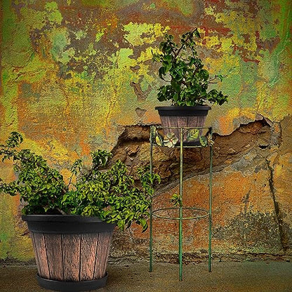 Quarut Large Plastic Plant Pots Set of 4 Pack13 inch,Whiskey Barrel Planters with Drainage Holes & Saucer.Flower Pots Imitation Wine Barrel Design for Indoor & Outdoor Garden Balcony Plants (Brown) - size: 13 inches