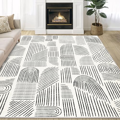 5x7 Area Rugs Washable Low Pile Non Slip Mid Century Modern Large | Machine Washable Throw Carpet for Living Room Bedroom Office Dining Room Indoor Boho Abstract White and Black - color: White and Black, size: 5' x 7' (Rectangular)