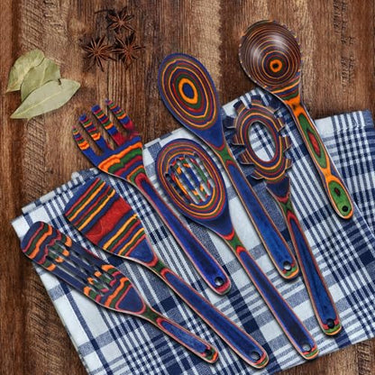 MYRAINBOW Wooden Spoons for Cooking – 7 Piece Pakkawood Kitchen Utensils Set with Spatulas, Spoons, Ladles, and Turner for Mixing, Serving & Cooking - color: Rainbow-A