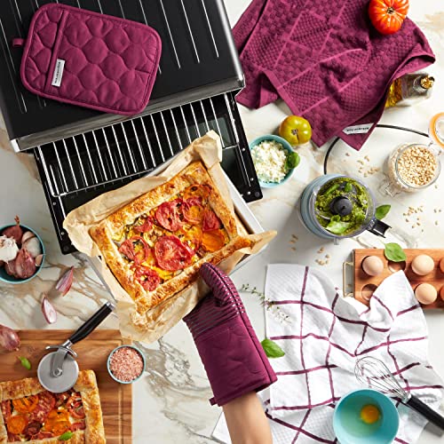 KitchenAid Quilted Cotton Terry Cloth Oven Mitt, Pot Holder, Kitchen Towel 4-Pack Set, Heat Resistant, Silicone Grip, Gift Set, Beet, 16"x26", 7"x13" & 7"x10" - color: Beet