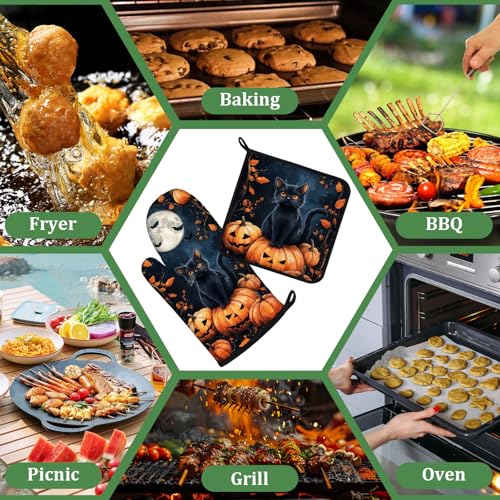 Black Cat Pumpkin Moon Oven Mitts and Pot Holders Sets 4 Pcs Silicone Halloween Kitchen Gloves Heat Resistant Potholders for Baking Grilling BBQ - color: Halloween Black Cat