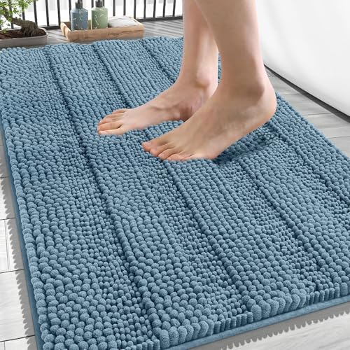 OLANLY Thick Bathroom Rugs 34x21, Chenille Striped Bath Rugs, Airy Blue | Rubber Backing, Machine Wash, Extra Soft Absorbent Bath Mats for Bathroom Floor, Tub and Shower, Home Decor Accessories - color: Airy Blue, size: 34" X 21"
