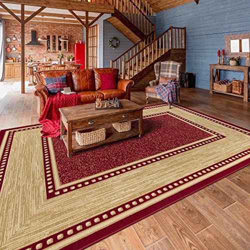 Ottomanson 6'6" x 9'2" Rugs for Living Room Border Area Rug for Bedroom - Non Slip Durable Large Floor Carpet for High Traffic Areas - Indoor Rug for Dining Room Kitchen Kids Playroom, Red - color: Border Red, size: 6'6" x 9'2" (Area Rug)