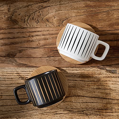 LUKA Porcelain Espresso Cup with Saucer and Metal Stand, 4 Ounce Stackable Ceramic Demitasse Espresso Mugs Cups Set for Latte, Specialty Coffee Drinks, Cafe Mocha,Tea - Set of 4, White & Black - color: Black & White Stripes