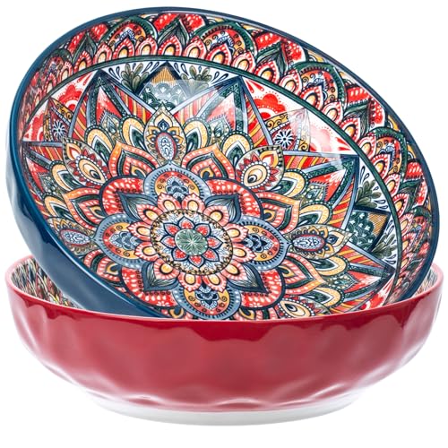 75 Oz Serving Bowls,Bohemian Style Large Porcelain Dishes for Entertaining Parties,Big Bowls for Eating Soup, Salad, Pasta, Fruit, Chips, 10.3 Inch Diameter (blue.red) - color: blue.red