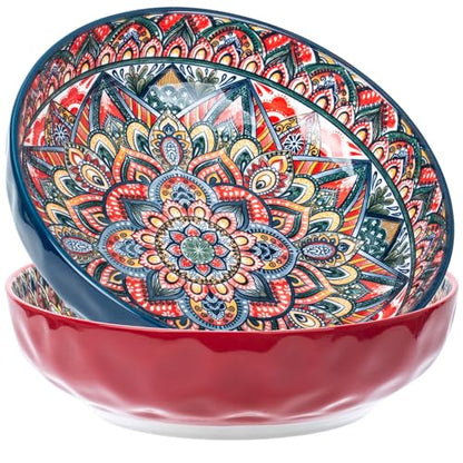 75 Oz Serving Bowls,Bohemian Style Large Porcelain Dishes for Entertaining Parties,Big Bowls for Eating Soup, Salad, Pasta, Fruit, Chips, 10.3 Inch Diameter (blue.red) - color: blue.red