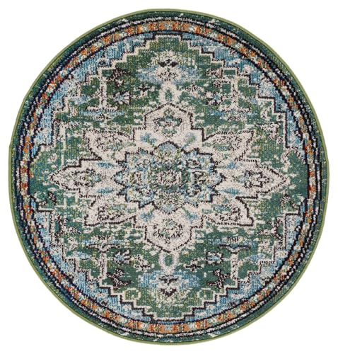 SAFAVIEH Madison Collection Area Rug - 3' Round, Green & Turquoise, Boho Chic Distressed Medallion Design, Non-Shedding & Easy to Clean, Ideal for Living Room, Bedroom, Dining Space (MAD473Y) - color: Green/Turquoise, size: 3' (Round)