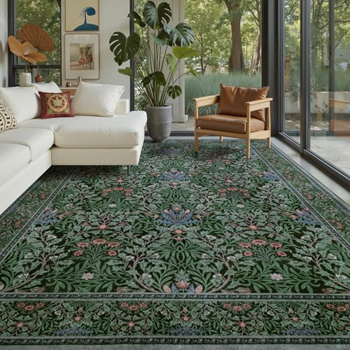 Dark Green Floral Area Rug 8x10 for Living Room, Boho Washable Moody Rug for Bedroom Dining Room Under Kitchen Table, Farmhouse Cottage Core Low Pile Stain Resistant Non-Slip Large Carpet - color: Dark Green/ Multi, size: 8 x 10 ft (Rectangular)